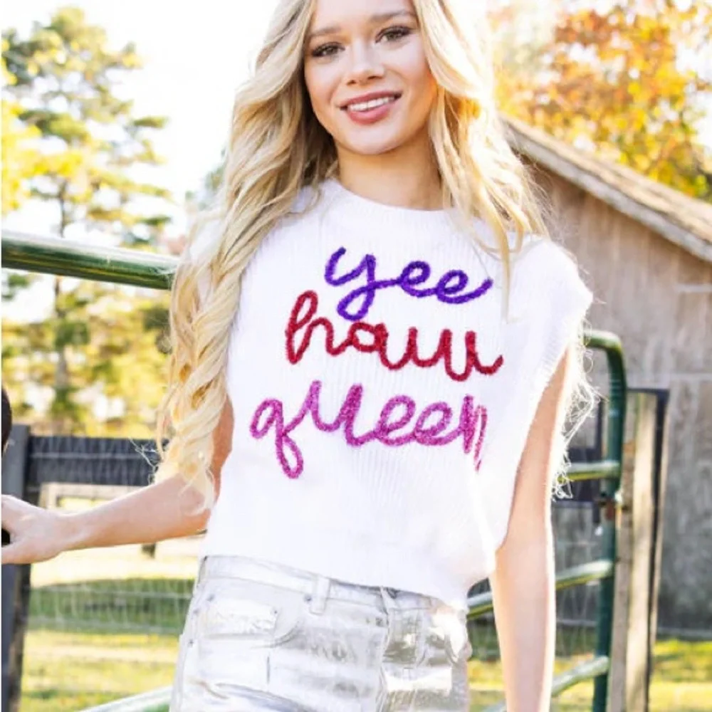 QUEEN OF SPARKLES White Sweater with Purple and Red Text - Picture 1 of 9